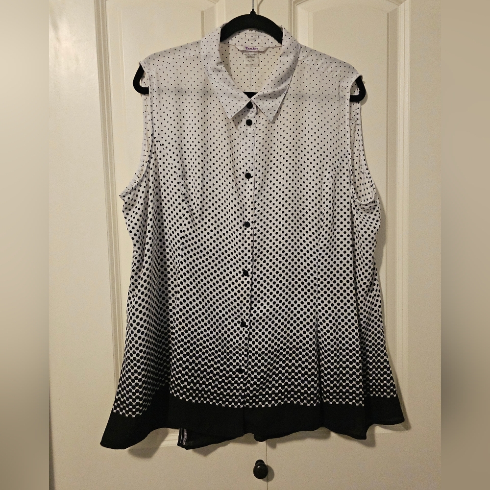 TANJAY Tank Top Black & White Polka Dot Sleeveless Blouse Button Front Top Sz XL